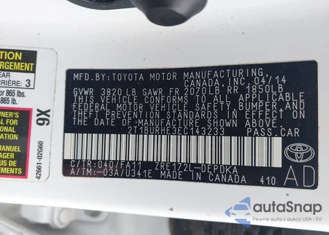 2014 Toyota Corolla L from USA, damaged, VIN 2T1BURHE3EC143233